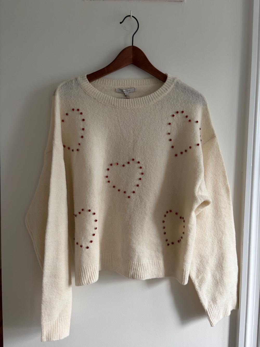 Love Tree Cream Crewneck Sweater with Red Stud Hearts